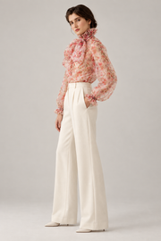 Sheer floral ruffle-bow blouse — side view