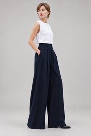 Deep navy extra-wide-leg trousers — side view