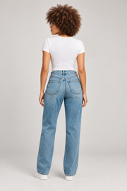Light vintage-wash straight-leg jeans — back view