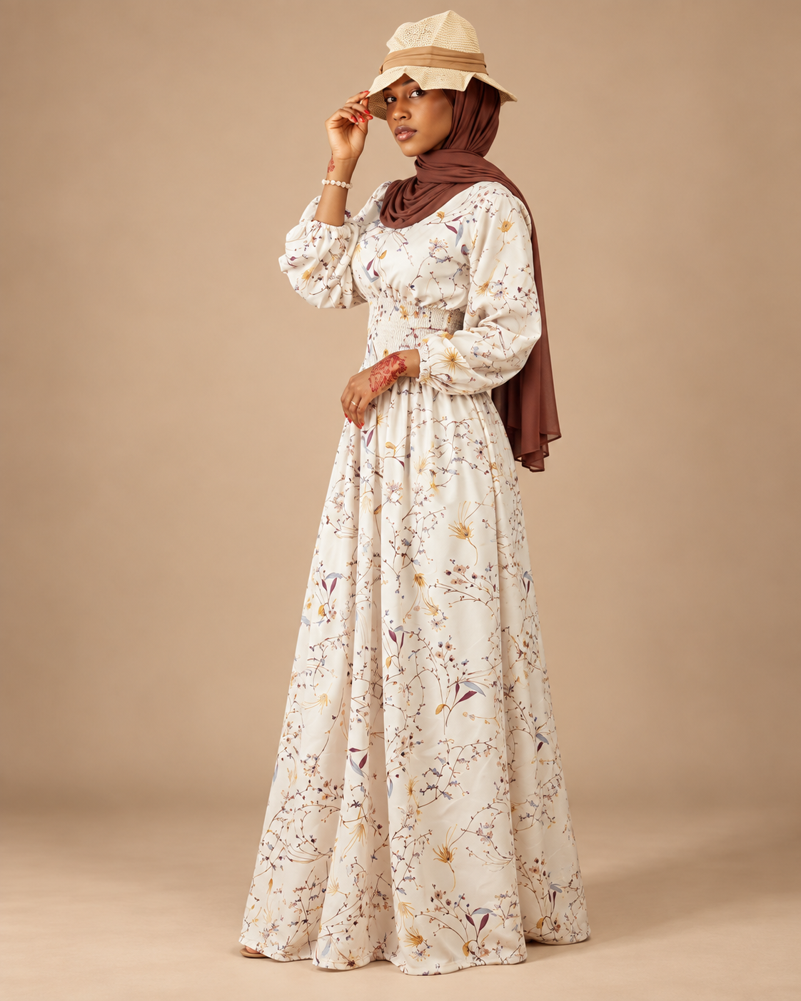 Ivory botanical maxi dress side view