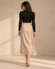 Champagne satin midi skirt back view