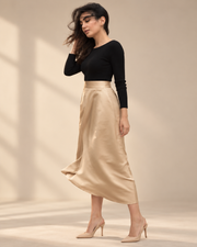 Champagne satin midi skirt side view