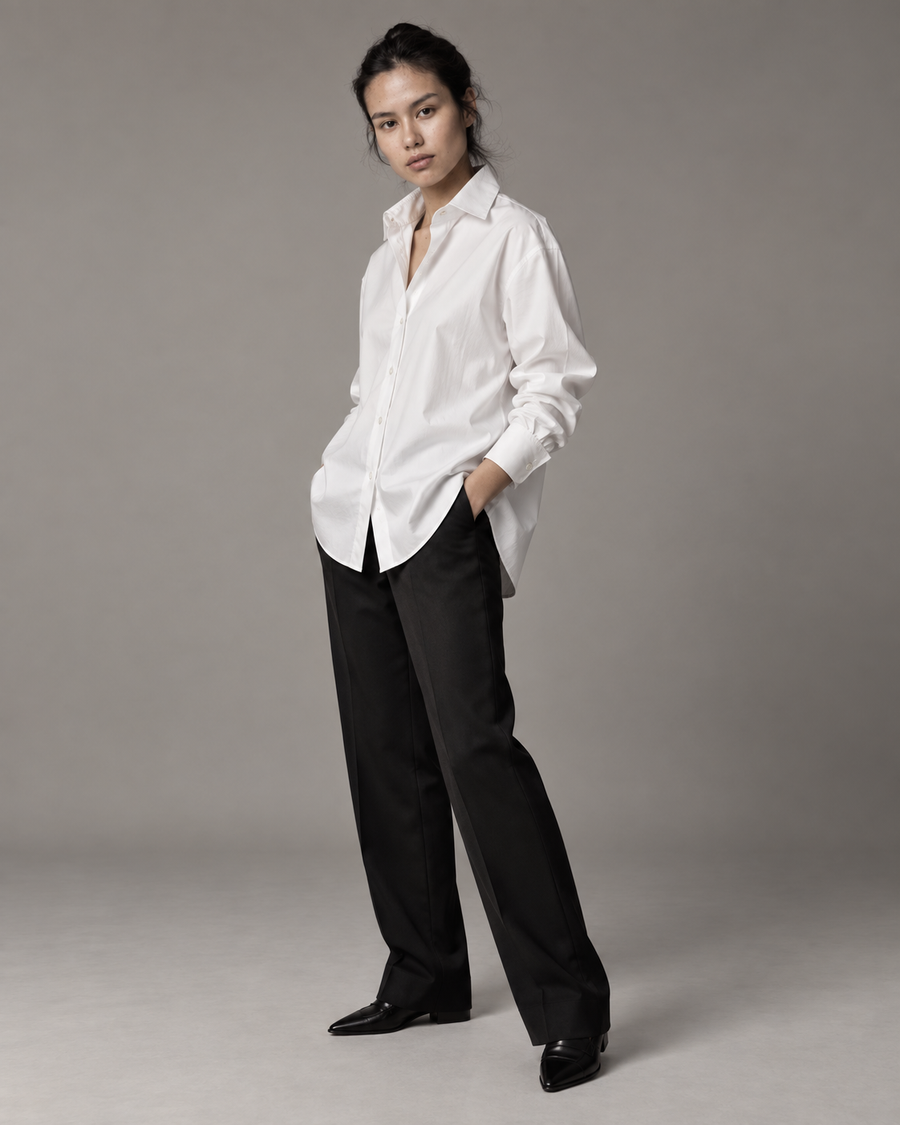 White oversized poplin shirt side view