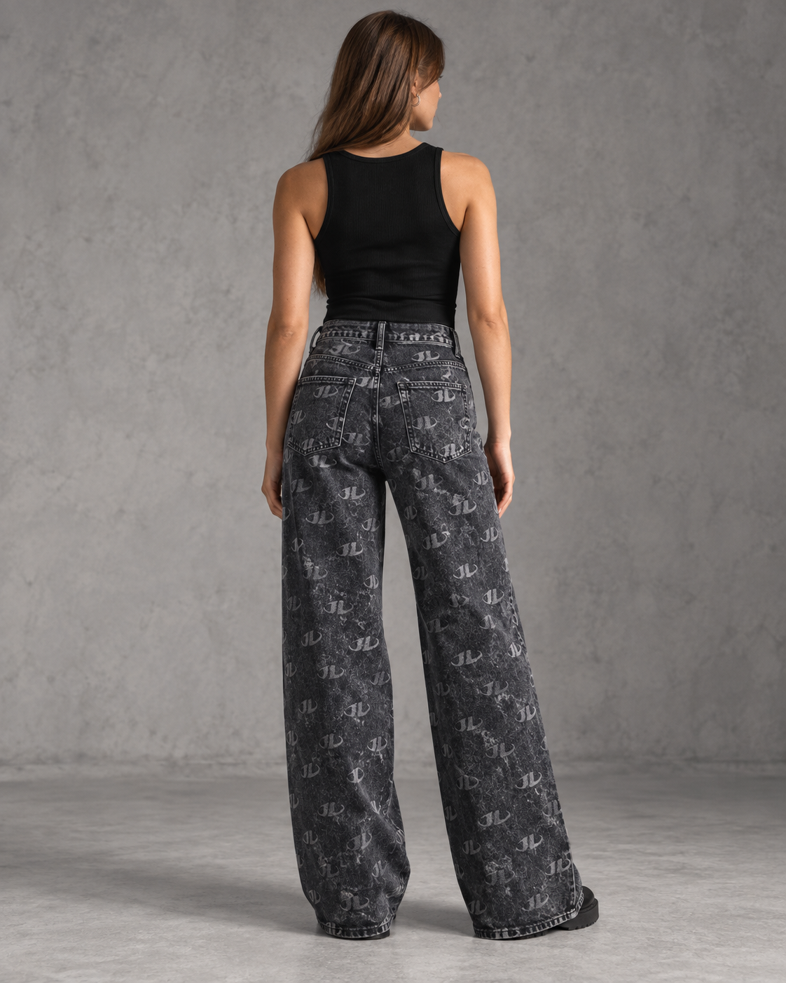 Dark charcoal patterned wide-leg jeans back view