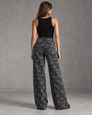 Dark charcoal patterned wide-leg jeans back view