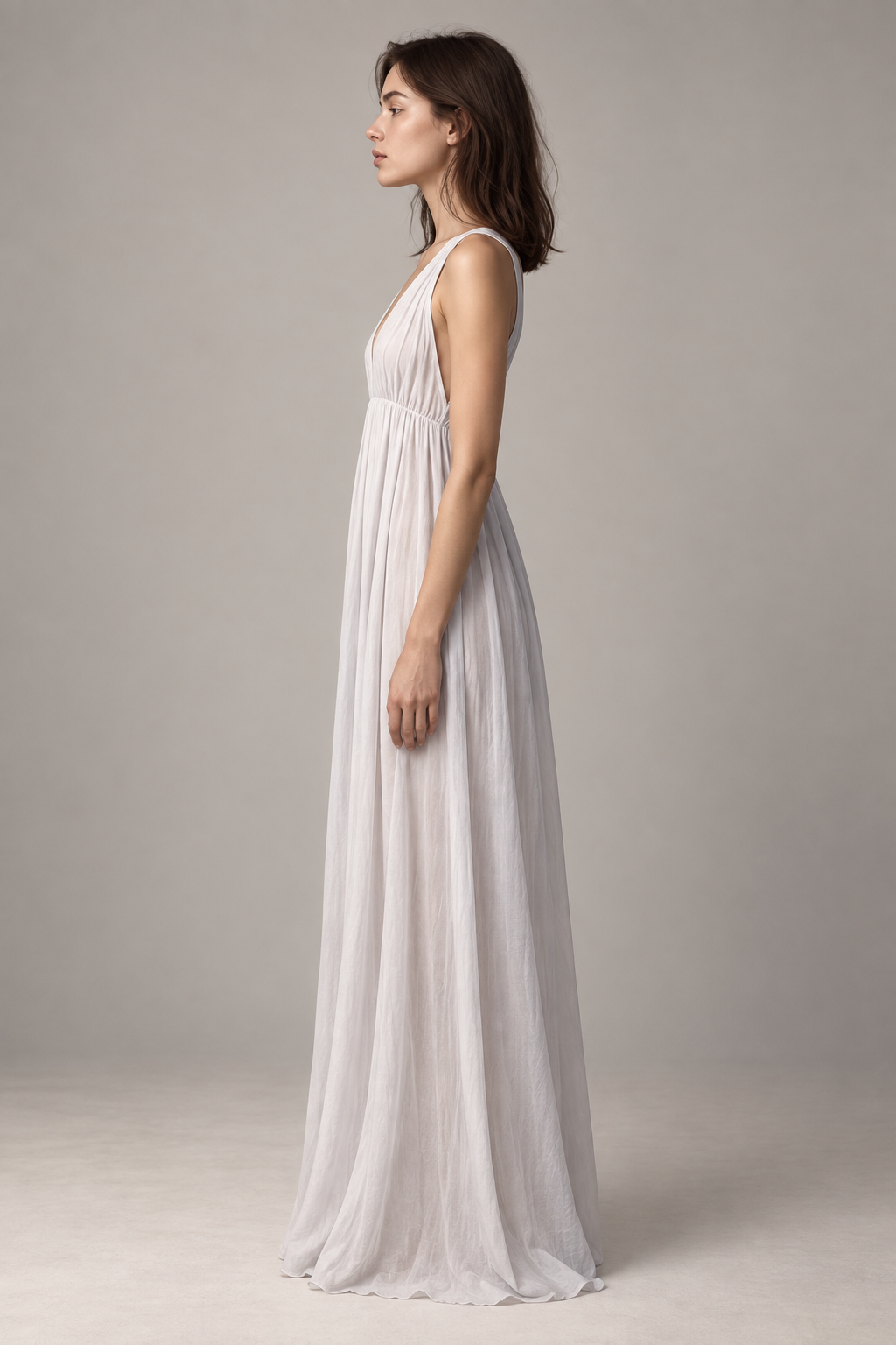 Pale flowing maxi dress — side view